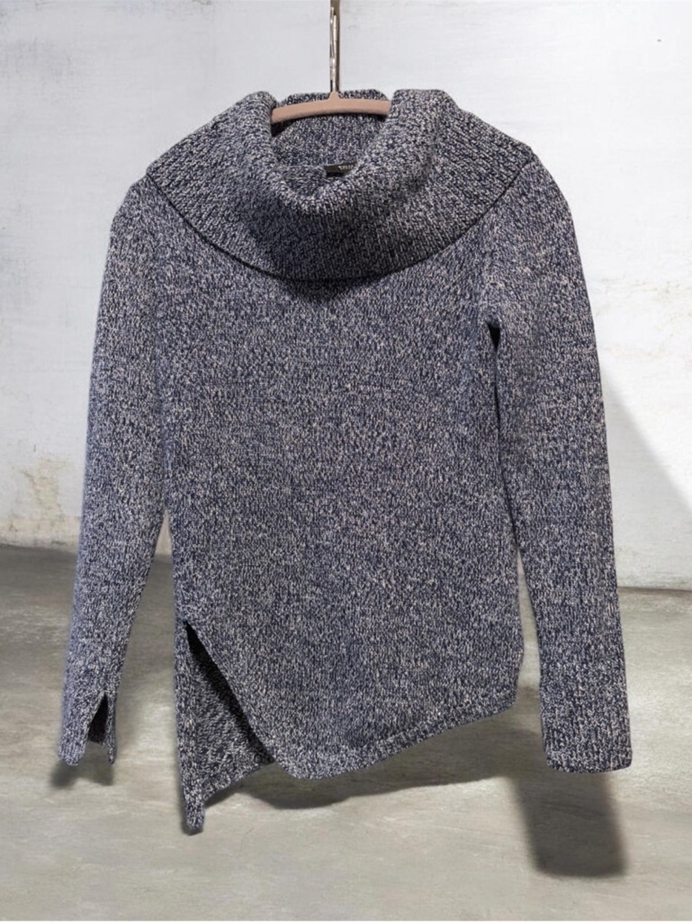 White House Black Market Marled Navy and Gray Cowl Neck Sweater